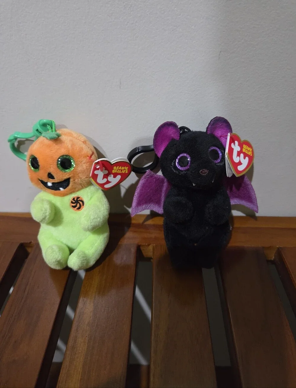 Ty Plush Keychain Duo - Neon Green Pumpkin & Black Bat with Purple Accents